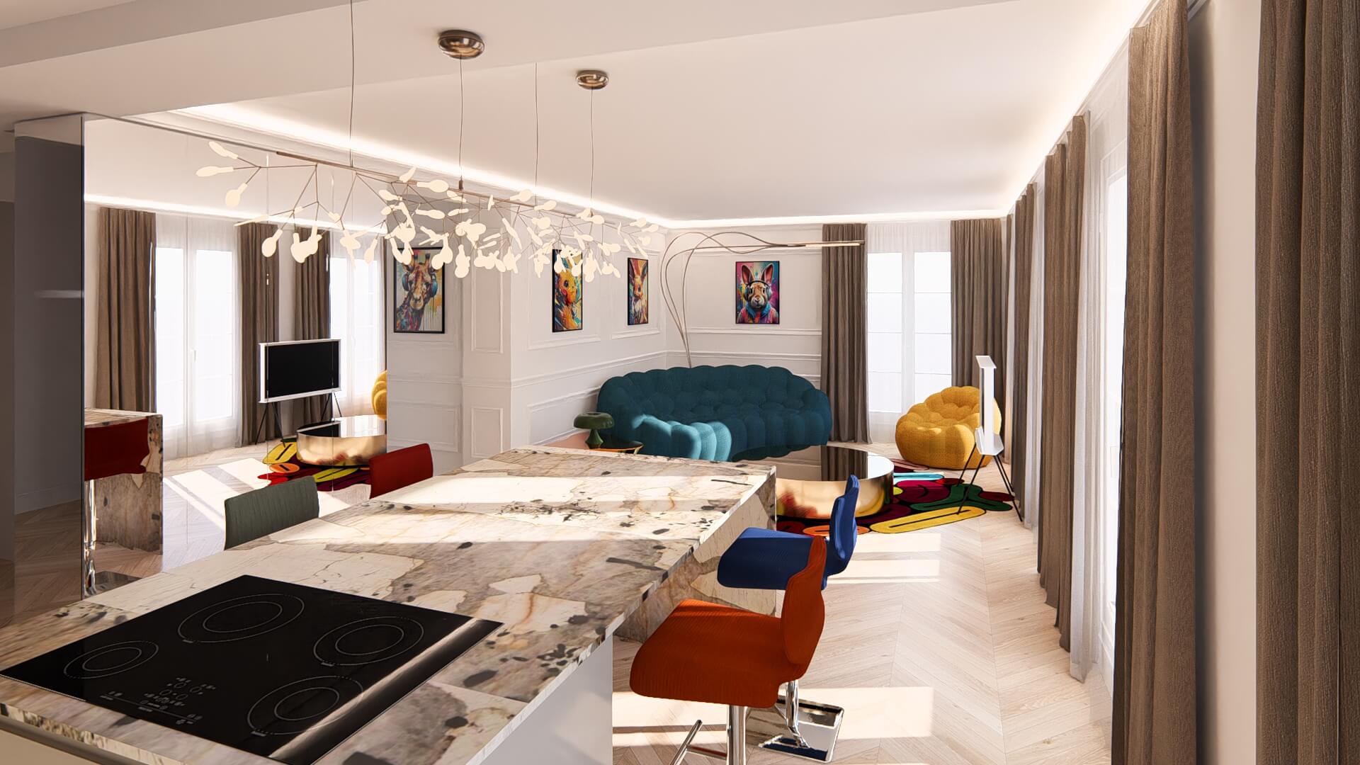 Rendu 3D pièce de vie cuisine ouverte et salon avec moulures