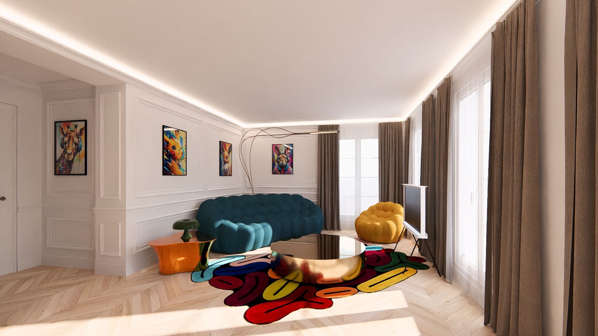 Rendu 3D salon et cuisine ouverte style haussmannien mouluré