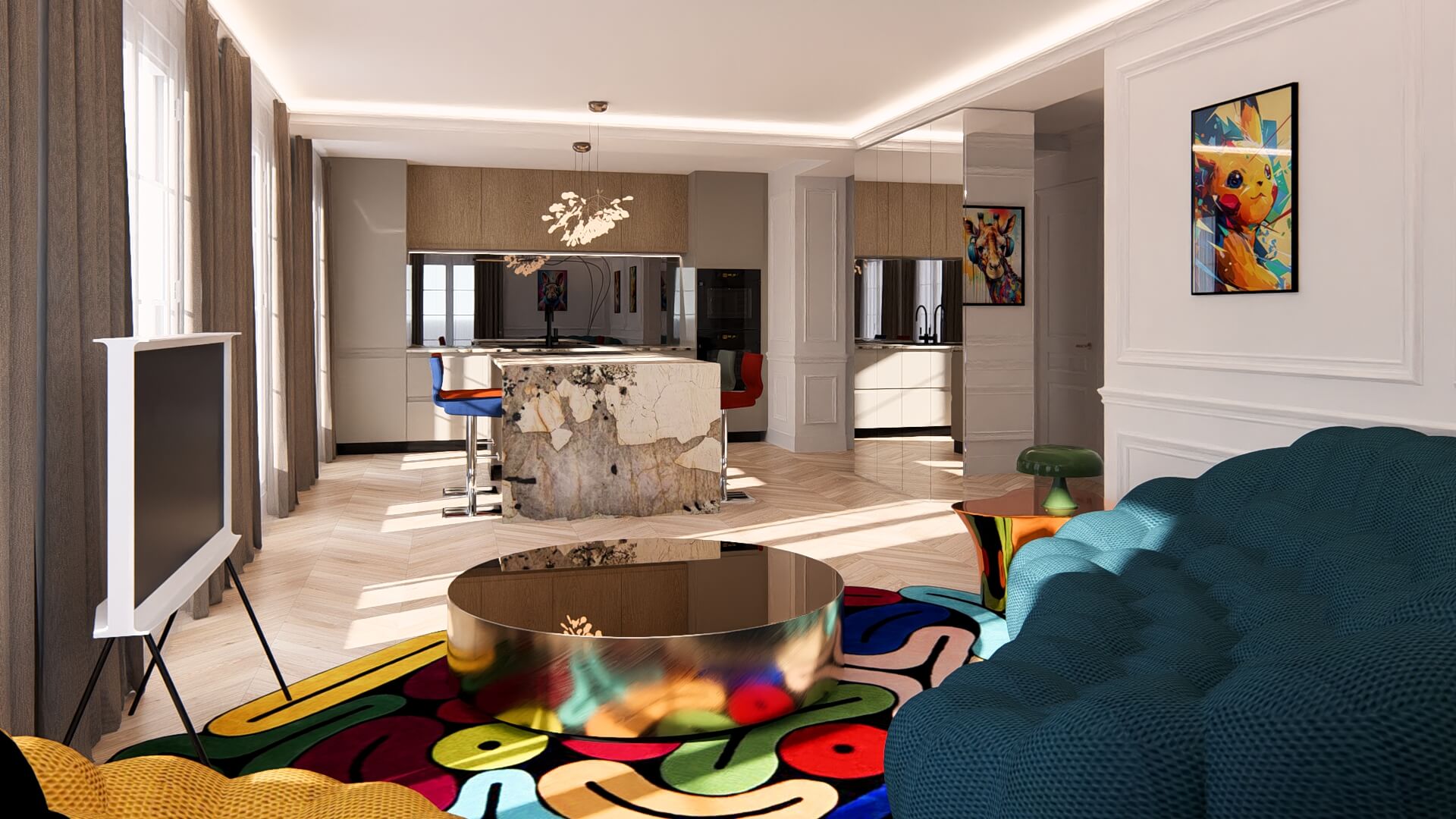 Rendu photoréaliste d’un espace cuisine-salon avec moulures de prestige