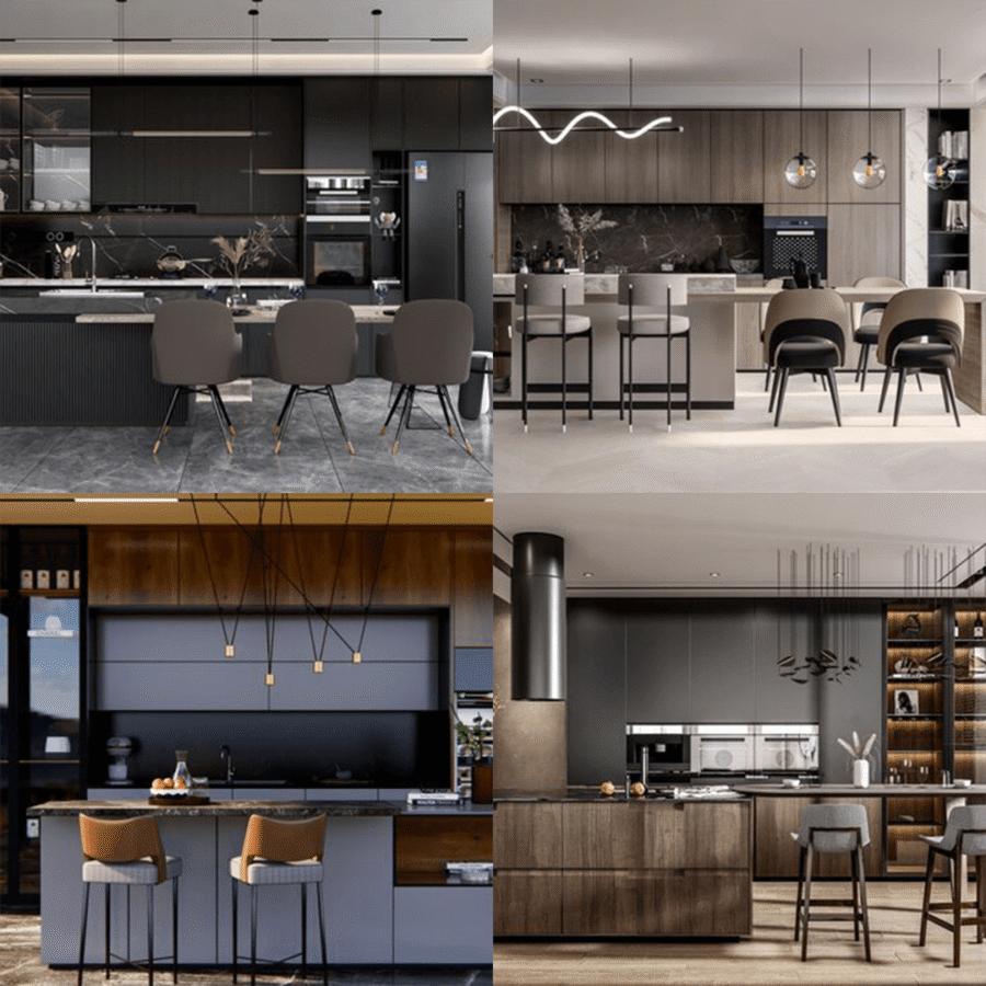 Pack de 4 cuisines 3D modernes Noir et Bois – Modèles SketchUp prêts à l’emploi